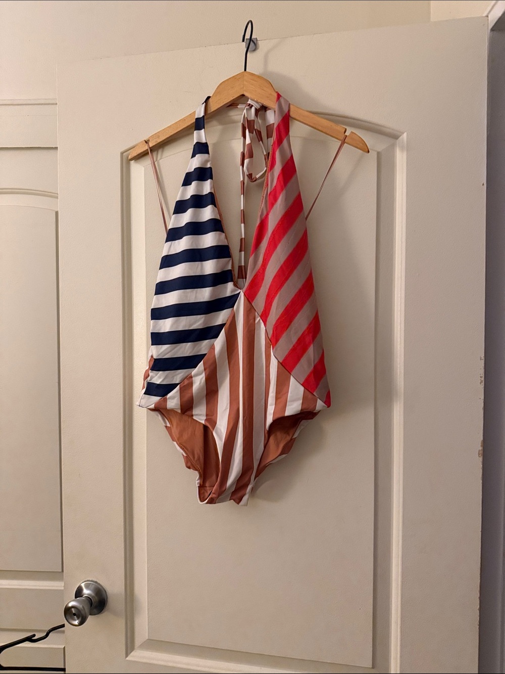 Striped Halter One-Piece Swimsuit in Navy, Red & Tan